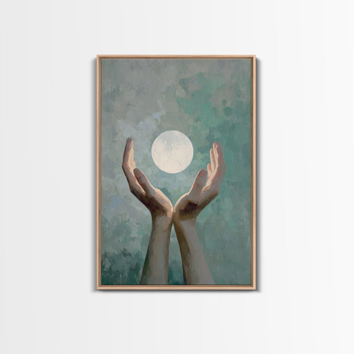 Hands Holding a Tiny Glowing Sun Framed Canvas Print, Meditation Art, Living Room Art, Living Room Decor, Fine Art, Stillness, MED-2x3-68