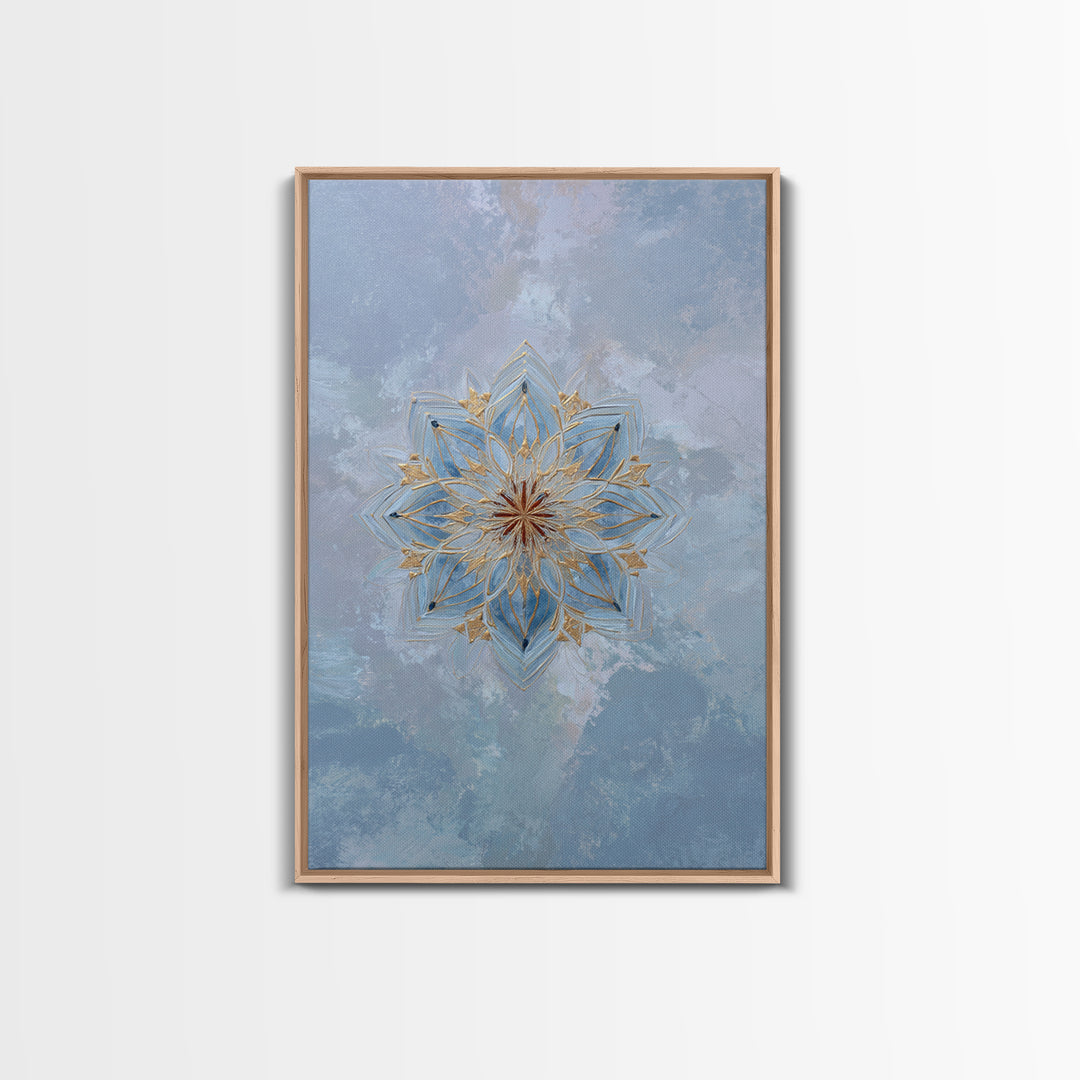 Mandala with Soft Gold and Indigo Symmetry Canvas Print, Meditation Art, Boho Wall Art, Living Room Decor, Fine Art, Stillness, MED-2x3-82