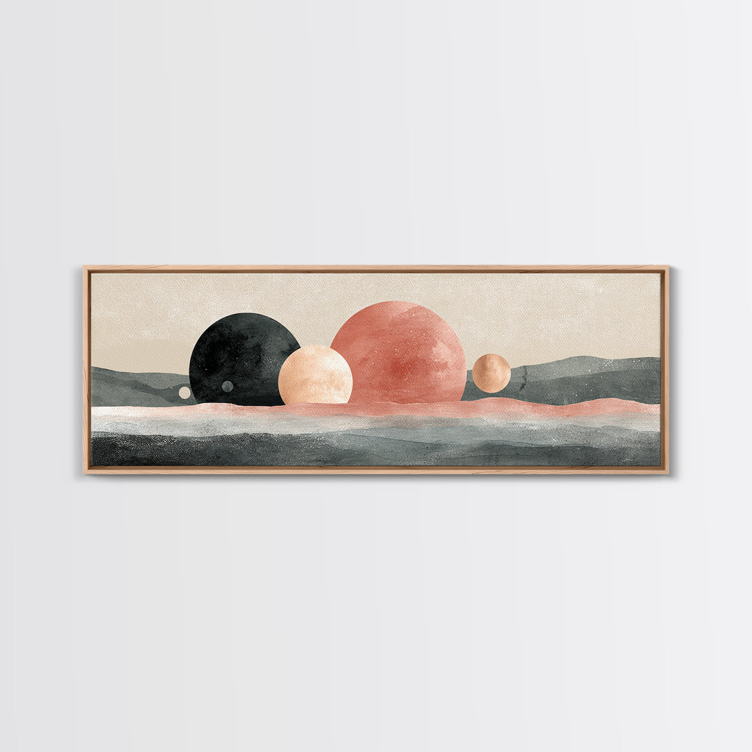 Moon Phases over a Quiet Desert Framed Canvas Print, Meditation Art, Living Room Decor, Watercolor Art, Stillness, MED-3x1-1