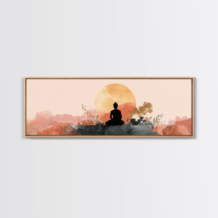 Buddha Silhouette Surrounded by Warm Light Framed Canvas Print, Meditation Art, Art Print, Living Room Decor, Stillness, MED-3x1-23