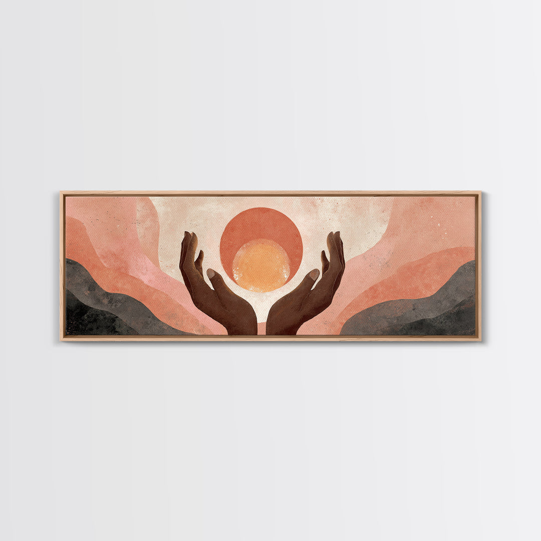 Hands Holding a Tiny Glowing Sun Canvas Print, Meditation Art, Spiritual Wall Art, Living Room Decor, Watercolor Art, Stillness, MED-3x1-4