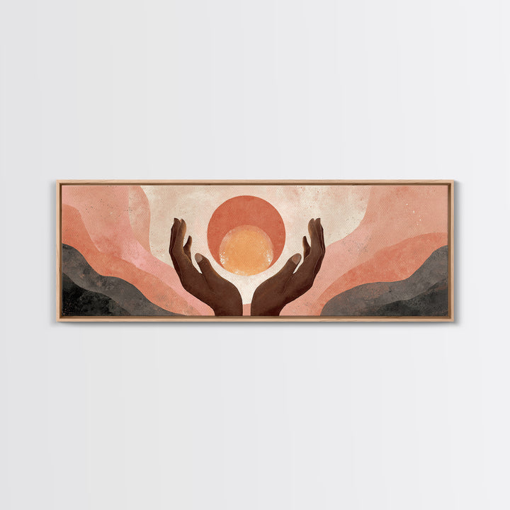 Hands Holding a Tiny Glowing Sun Canvas Print, Meditation Art, Spiritual Wall Art, Living Room Decor, Watercolor Art, Stillness, MED-3x1-4