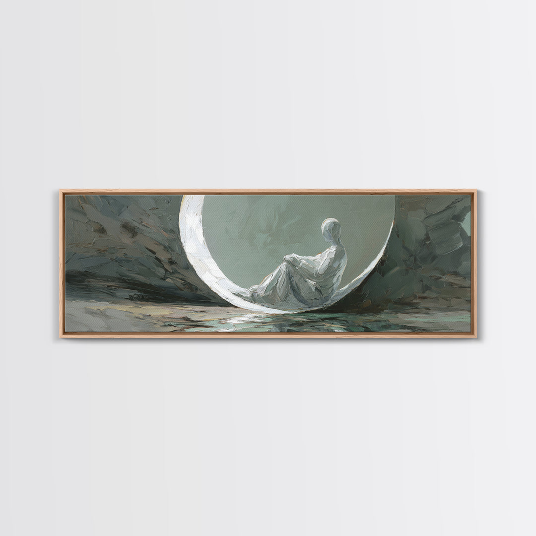 Single Seated Figure Beneath a Crescent Moon Canvas Print, Meditation Art, Abstract Art, Living Room Decor, Fine Art, Stillness, MED-3x1-43