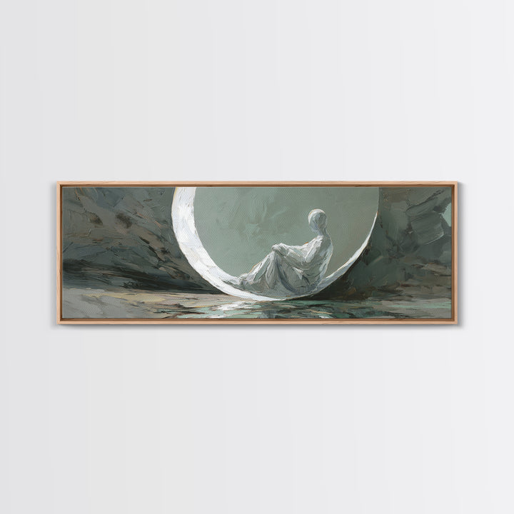 Single Seated Figure Beneath a Crescent Moon Canvas Print, Meditation Art, Abstract Art, Living Room Decor, Fine Art, Stillness, MED-3x1-43