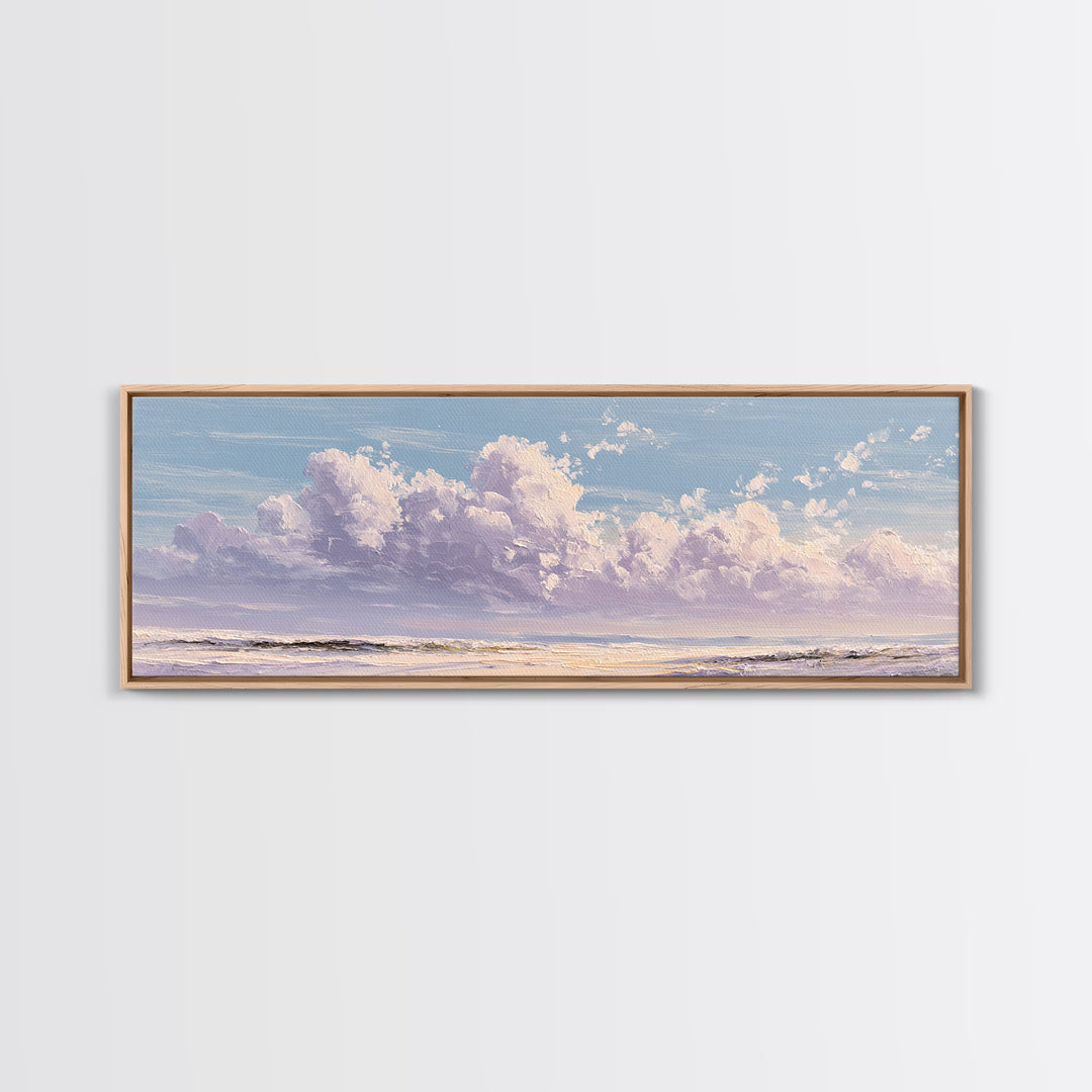 Gentle Cloudscape in Lavender and Cream Framed Canvas Print, Meditation Art, Art Deco, Living Room Decor, Fine Art, Stillness, MED-3x1-59