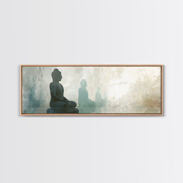 Buddha Silhouette Surrounded by Warm Light Canvas Print, Meditation Art, Boho Wall Decor, Living Room Decor, Stillness, MED-3x1-71