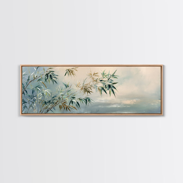 Bamboo Leaves in Gentle Ink Wash Canvas Print, Meditation Art, Floral Wall Art, Living Room Decor, Fine Art, Stillness, MED-3x1-75