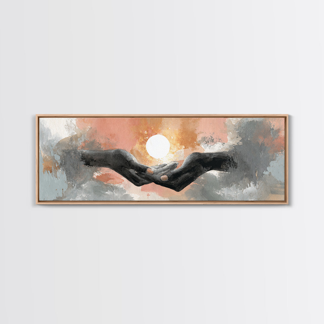 Hands Holding a Tiny Glowing Sun Canvas Print, Meditation Art, Digital Wall Art, Living Room Decor, Fine Art, Stillness, MED-3x1-76
