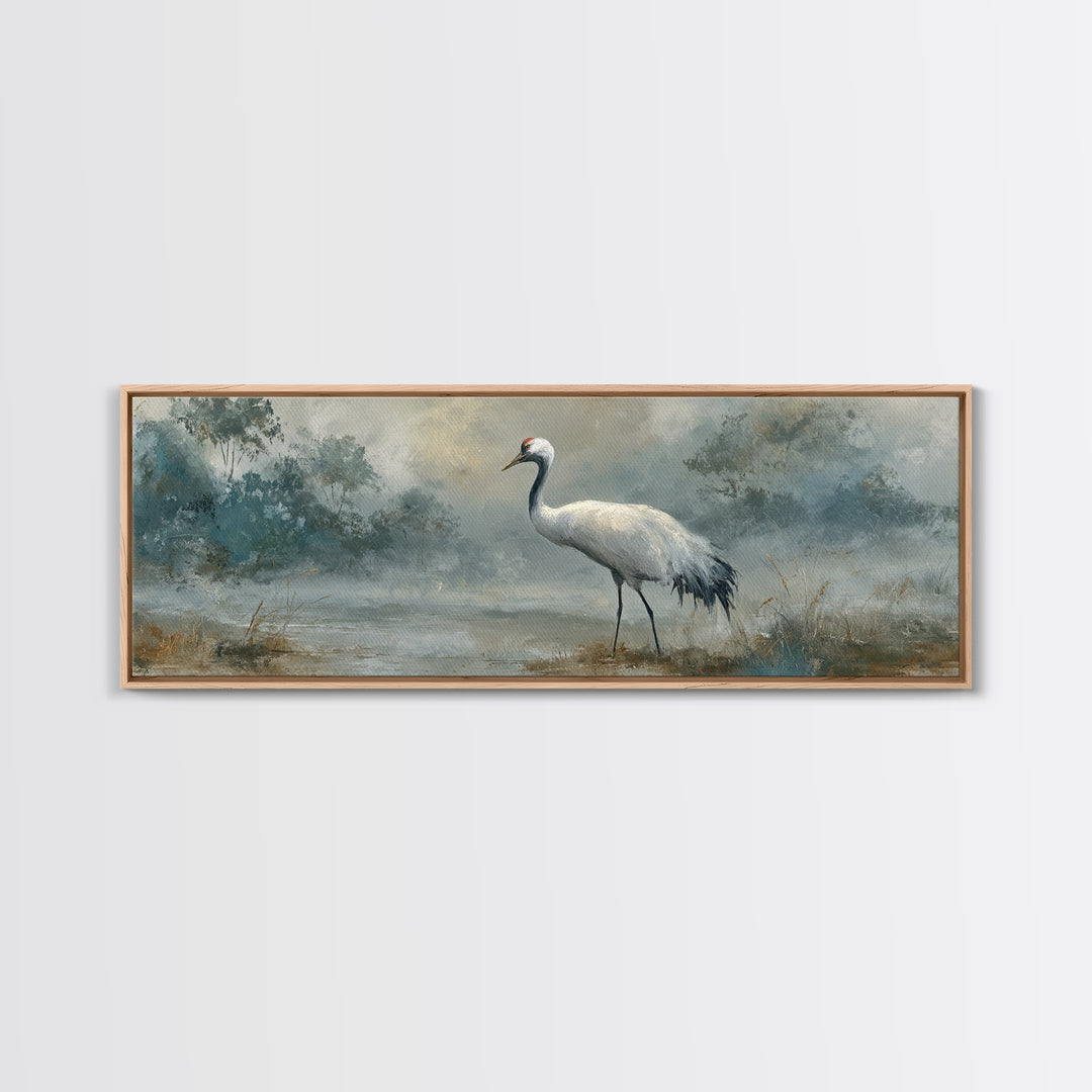 White Crane in Quiet Morning Mist Canvas Print, Meditation Art, Buddha Wall Art, Living Room Decor, Fine Art, Stillness, MED-3x1-8