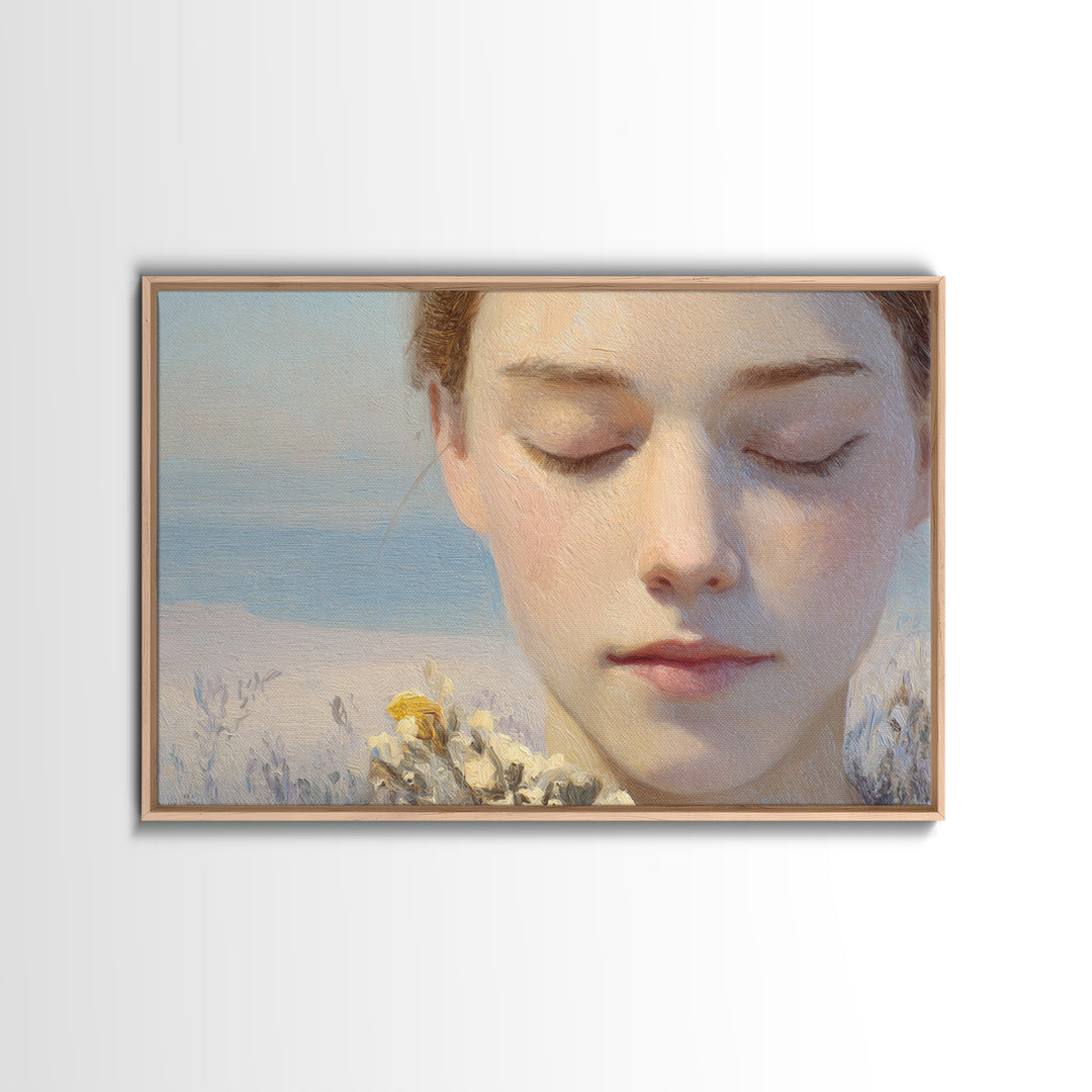 Calm Face Portrait Framed Canvas Print, Meditation Art, Contemporary Art, Living Room Decor, Fine Art, Stillness, Modern Decor, MED-3x2-28