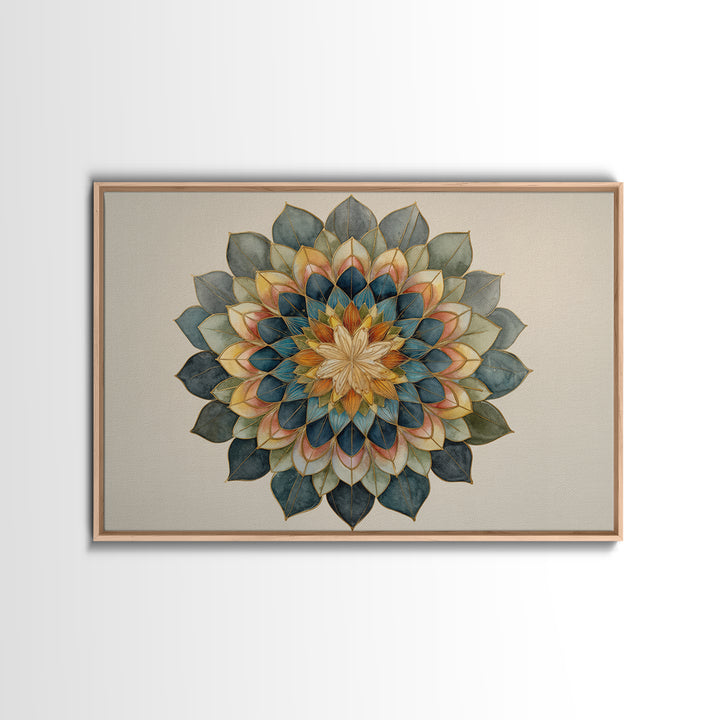 Mandala with Soft Gold and Indigo Symmetry Canvas Print, Meditation Art, Zen Wall Art, Living Room Decor, Fine Art, Stillness, MED-3x2-30