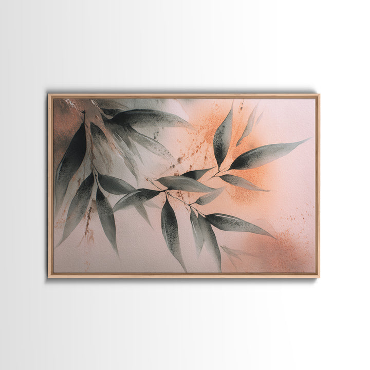Bamboo Leaves in Gentle Ink Wash Framed Canvas Print, Meditation Art, Minimalist Decor, Living Room Decor, Fine Art, Stillness, MED-3x2-39