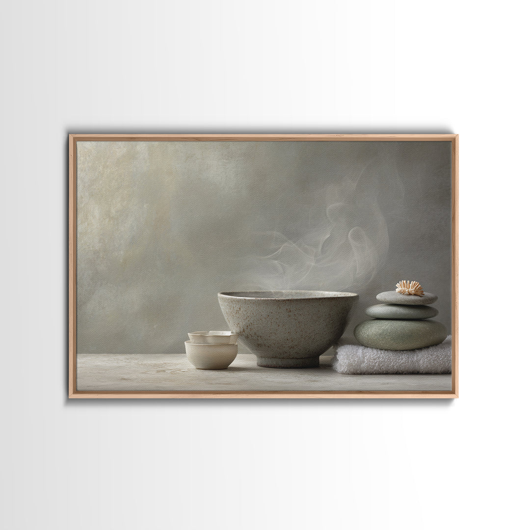 Tea Bowl and Steam Canvas Print, Meditation Art, Neutral Decor, Living Room Decor, Fine Art, Stillness, Home Decor, Wall Decor, MED-3x2-49