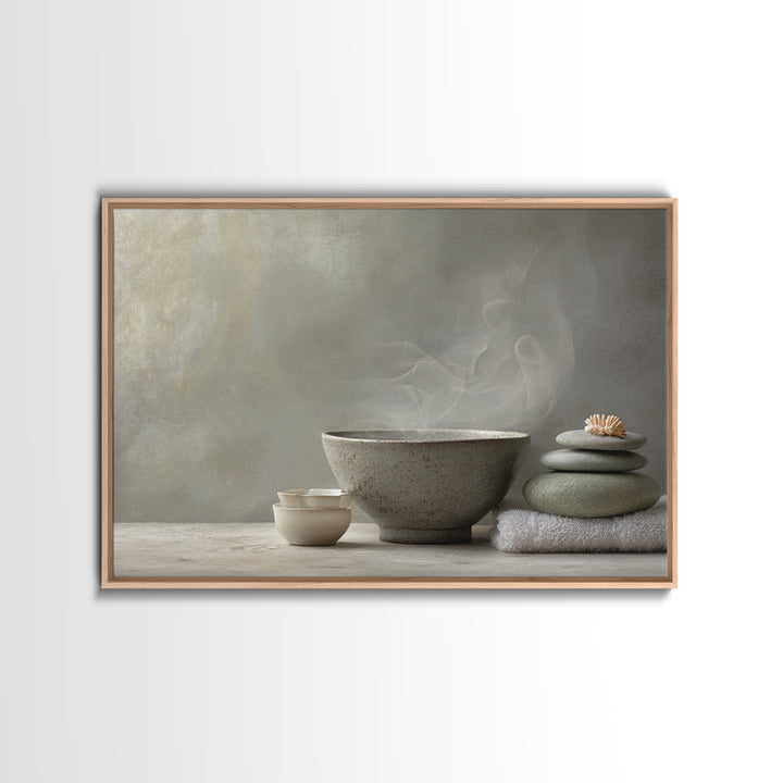 Tea Bowl and Steam Canvas Print, Meditation Art, Neutral Decor, Living Room Decor, Fine Art, Stillness, Home Decor, Wall Decor, MED-3x2-49