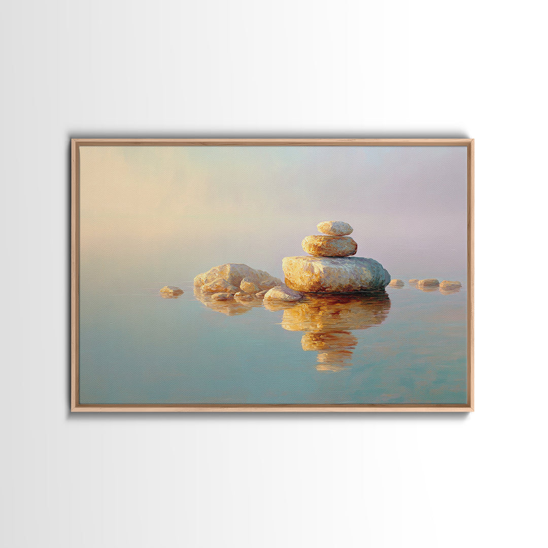 Floating Stones Balanced Above Calm Water Framed Canvas Print, Meditation Art, Room Decor, Living Room Decor, Stillness, MED-3x2-60