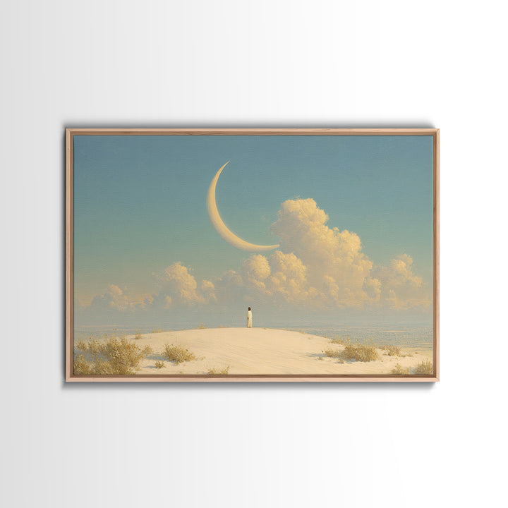 Single Seated Figure Beneath a Crescent Moon Canvas Print, Meditation Art, Modern Wall Art, Living Room Decor, Stillness, MED-3x2-7
