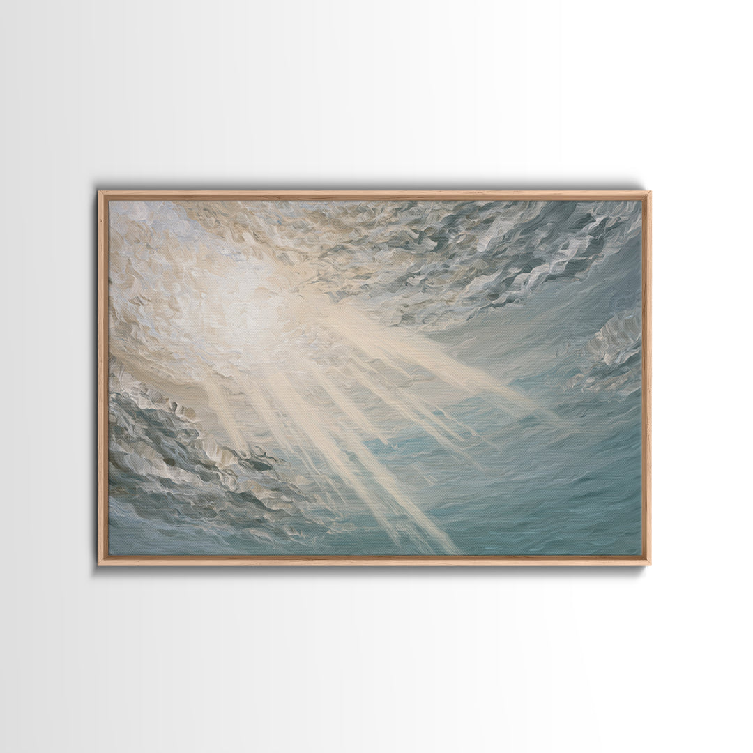 Angelic Light Rays Through Abstract Clouds Framed Canvas Print, Meditation Art, Minimalist Art, Living Room Decor, Stillness, MED-3x2-74