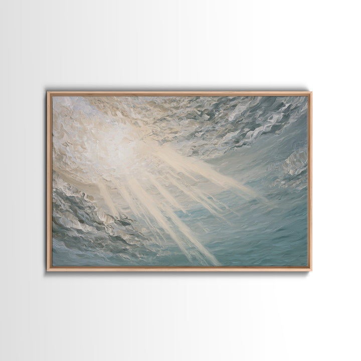 Angelic Light Rays Through Abstract Clouds Framed Canvas Print, Meditation Art, Minimalist Art, Living Room Decor, Stillness, MED-3x2-74