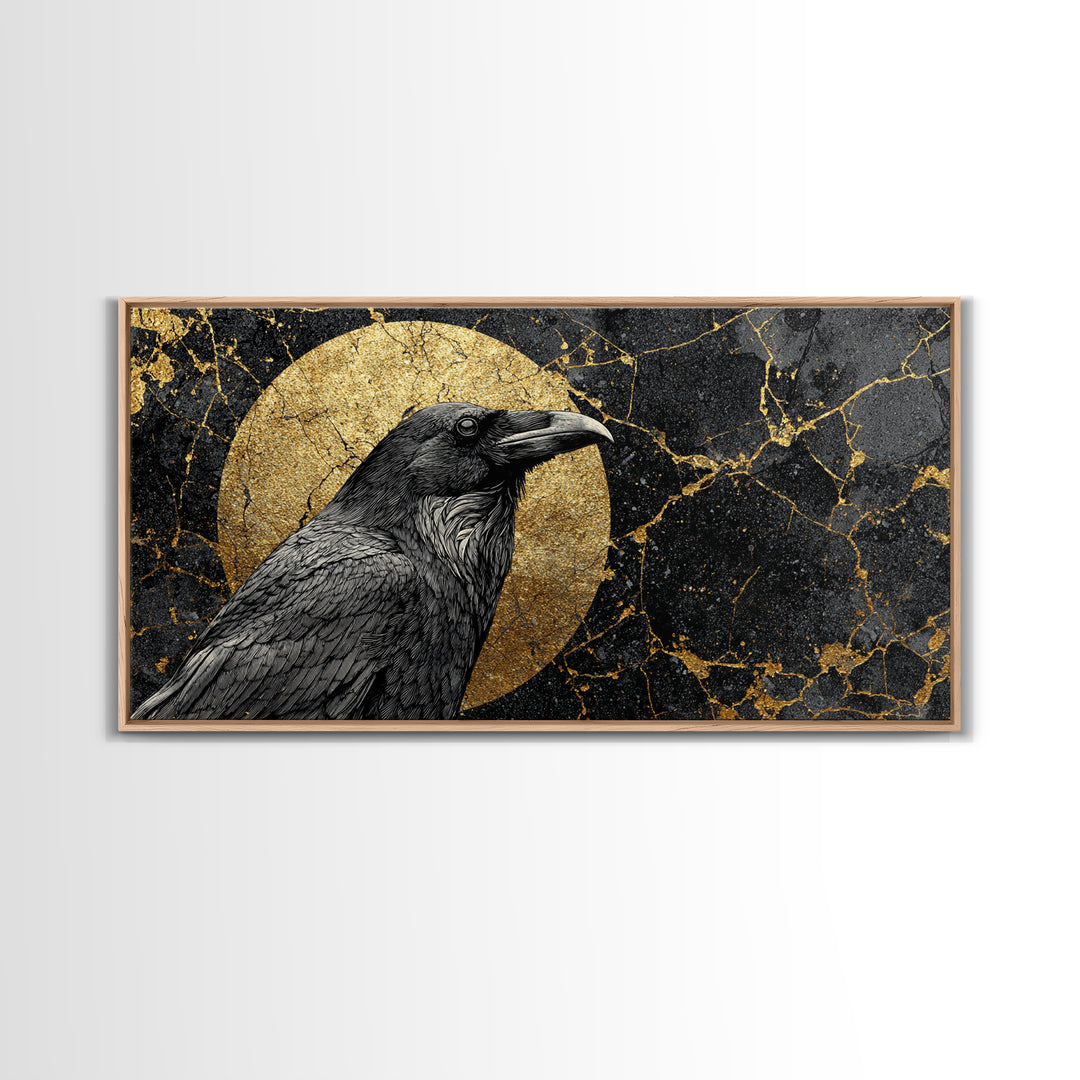 Raven Gold Canvas Print, Dark Bird Art With Lunar Circle Design, Real Wood Frame Wall Décor, Mystical Gothic Nature Artwork
