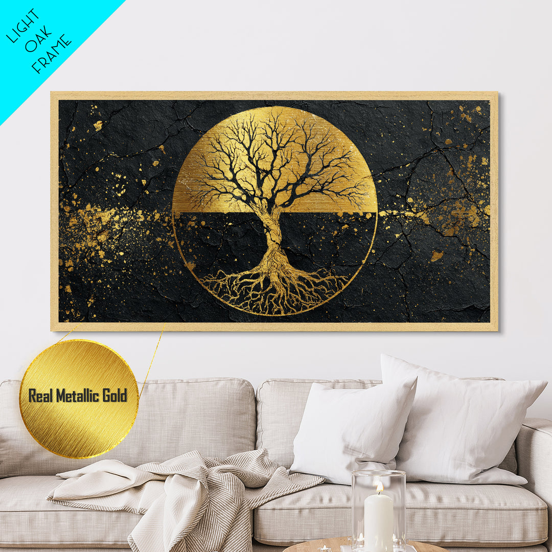 Mystical Roots Tree Metallic Gold Art, Sacred Nature Symbol Metal Print, Real Wood Frame Wall Décor, Spiritual Mythical Decorative Artwork