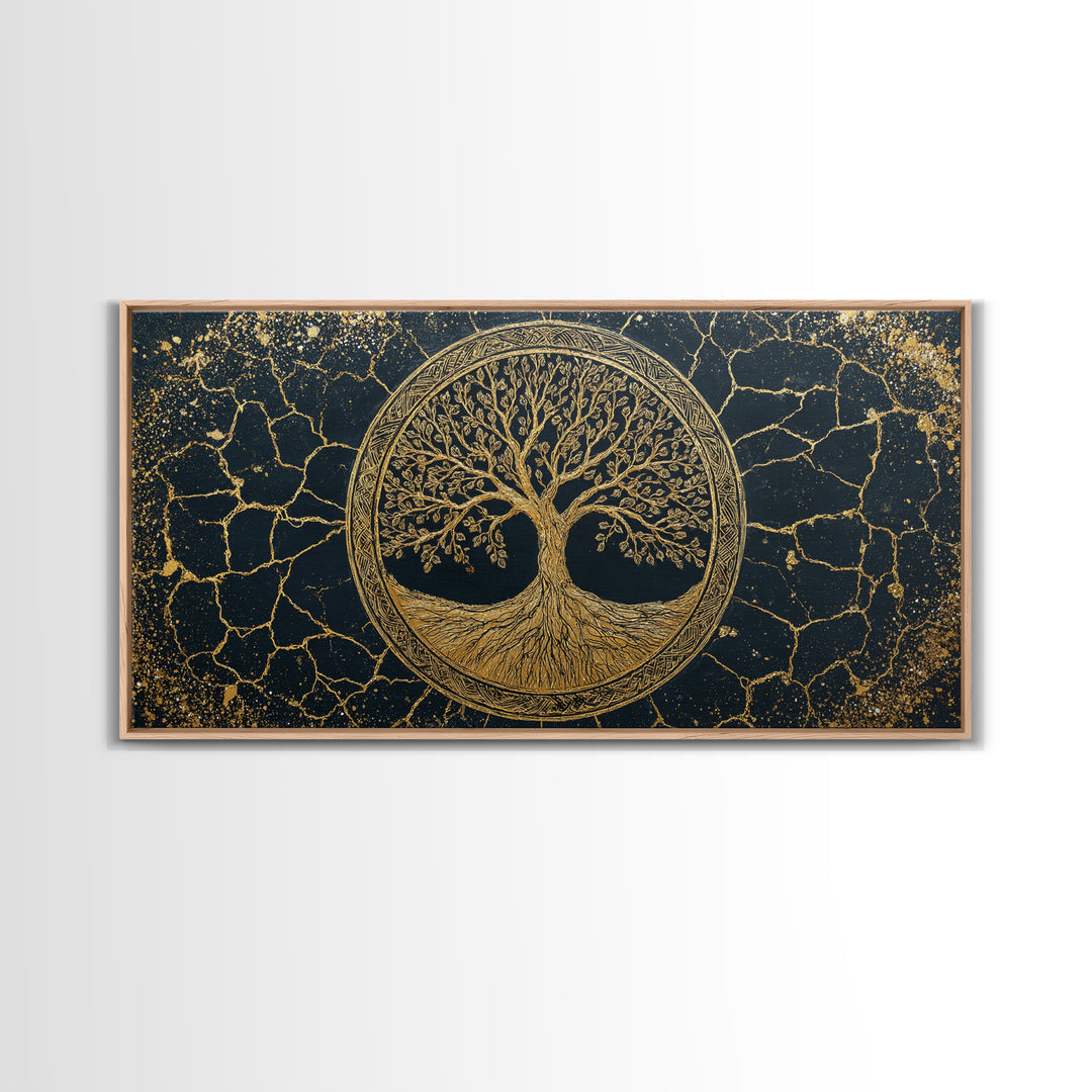 Tree Of Life Circle Gold Canvas Print, Sacred Geometry Wall Art, Norse Yggdrasil Artwork, Real Wood Frame Decor