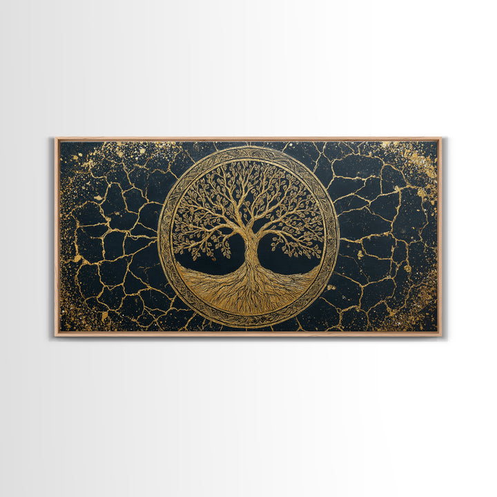 Tree Of Life Circle Gold Canvas Print, Sacred Geometry Wall Art, Norse Yggdrasil Artwork, Real Wood Frame Decor