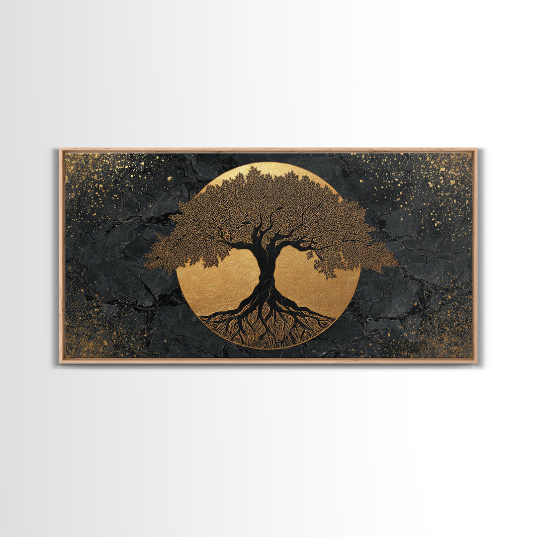 Elegant Tree Of Life Gold Canvas Print, Modern Sacred Geometry Wall Art, Mystical Symbol Artwork, Real Wood Frame Decor