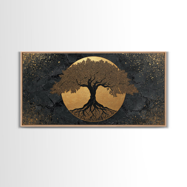 Elegant Tree Of Life Gold Canvas Print, Modern Sacred Geometry Wall Art, Mystical Symbol Artwork, Real Wood Frame Decor