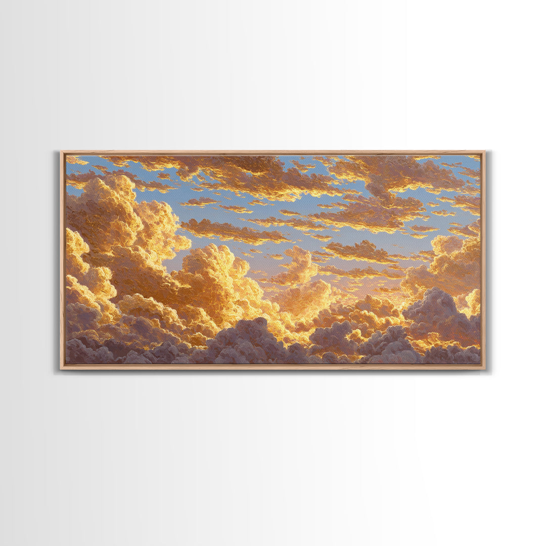 Golden Clouds Gold Canvas Art, Sky And Light Filled Cloudscape Canvas Print, Real Wood Frame Wall Décor, Dreamy Atmospheric Artwork
