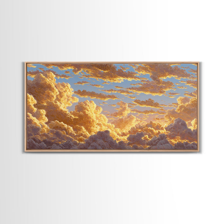 Golden Clouds Gold Canvas Art, Sky And Light Filled Cloudscape Canvas Print, Real Wood Frame Wall Décor, Dreamy Atmospheric Artwork