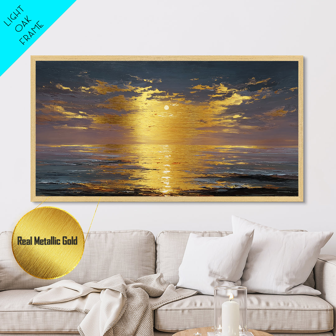Ocean Sunset Metallic Gold Metal Print, Radiant Sunlight Over Waves Artwork, Real Wood Frame Wall Décor, Coastal Seascape Glow Art