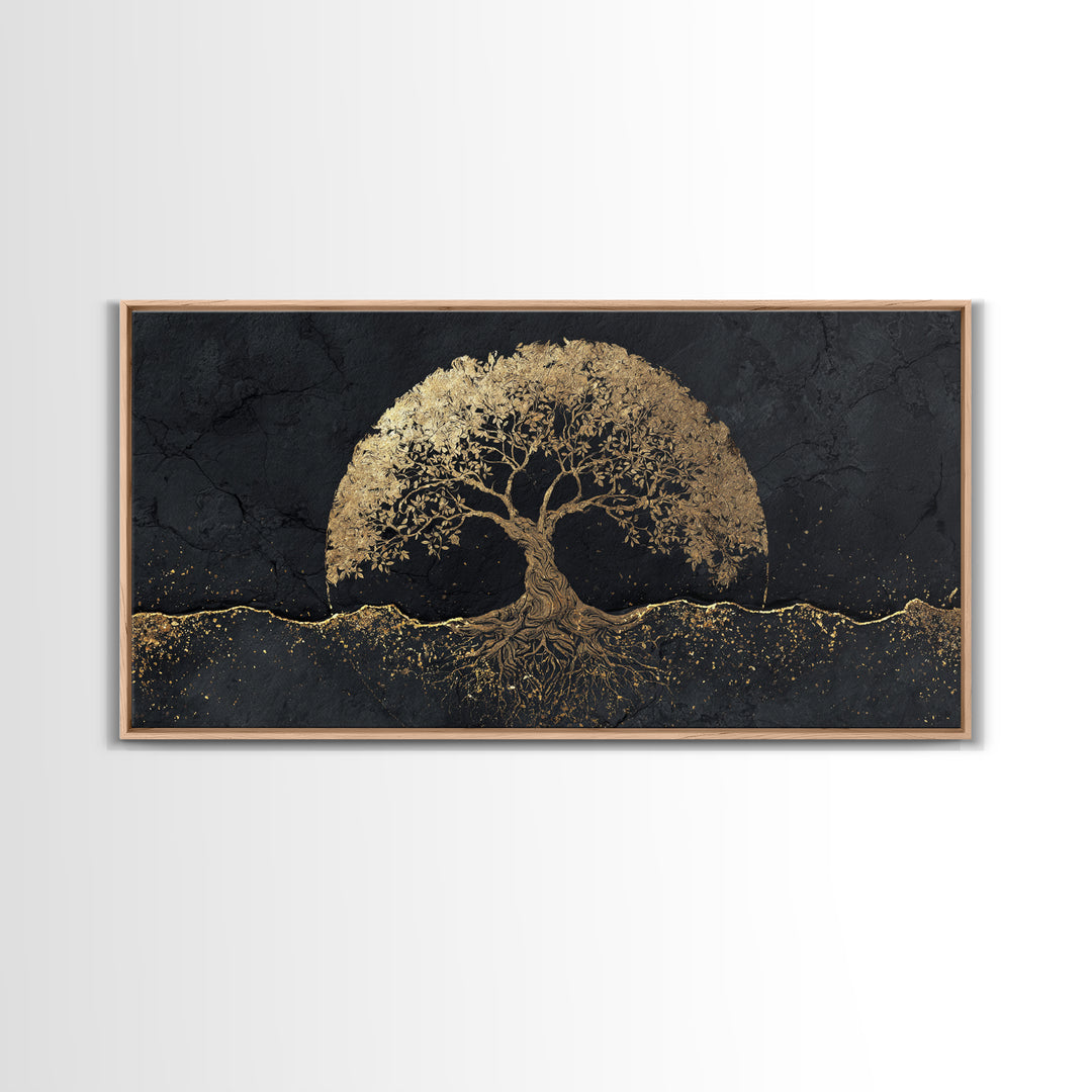 Sacred Tree Gold Canvas Art, Symbolic Roots And Branches Canvas Print, Real Wood Frame Wall Décor, Mystical Spiritual Nature Artwork