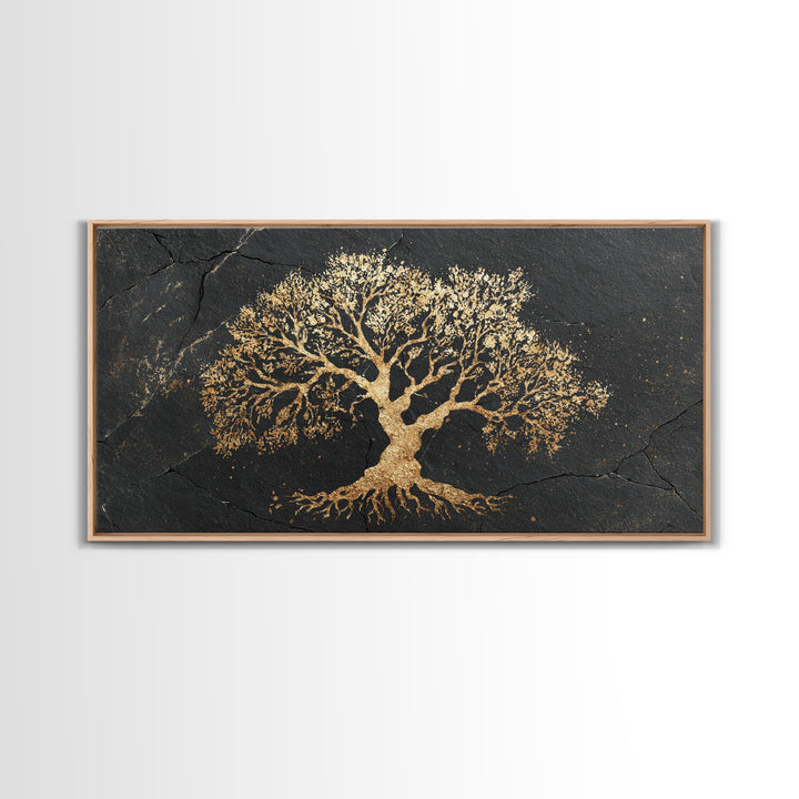 Ancient Oak Gold Canvas Print, Timeless Tree Of Life Design Artwork, Real Wood Frame Wall Décor, Nature Inspired Mystical Symbol Art