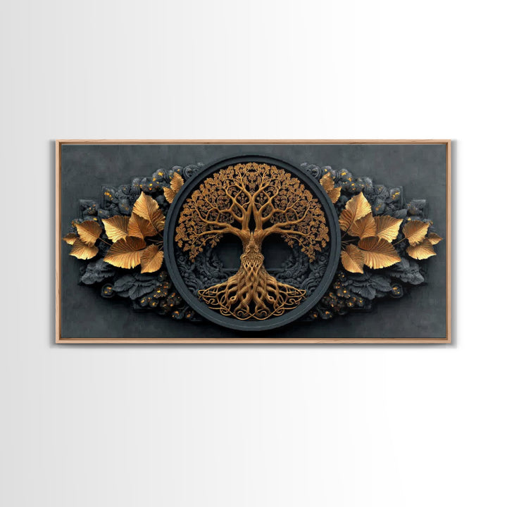 Decorative Tree Of Life Gold Canvas Art, Ornate Circle Design Canvas Print, Real Wood Frame Wall Décor, Luxurious Nature Inspired Artwork