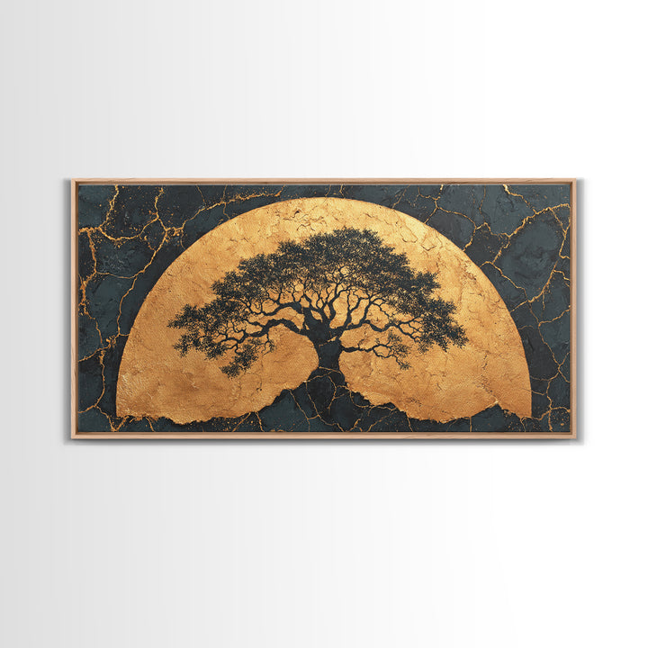 Golden Horizon Tree Gold Canvas Print, Majestic Nature Symbol Artwork, Real Wood Frame Wall Décor, Sacred Celestial Inspired Art