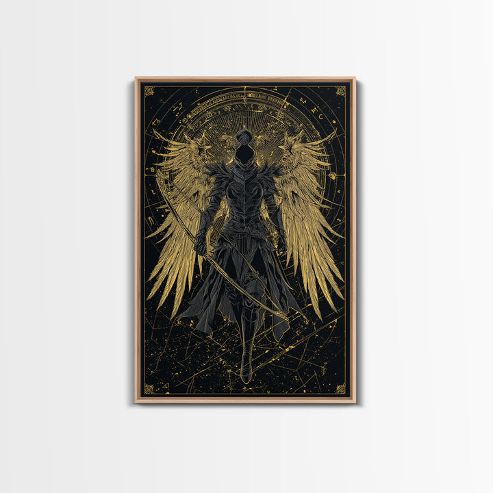 Armored Angel Gold Canvas Art, Celestial Guardian With Bow Canvas Print, Real Wood Frame Wall Décor, Mythology Warrior Artwork