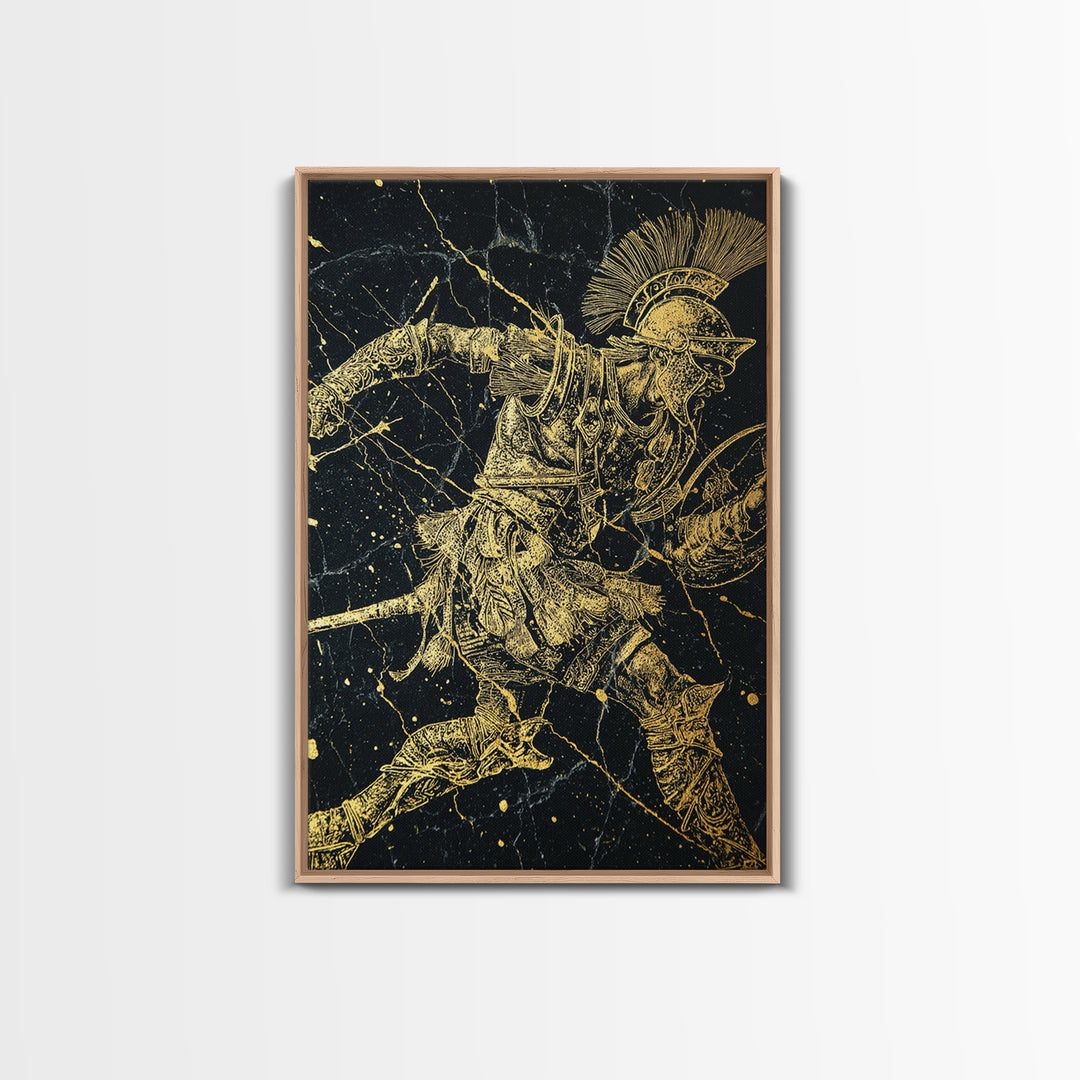 Roman Gladiator Gold Canvas Print, Ancient Warrior Art On Canvas, Real Wood Frame Wall Décor, Historical Mythology Artwork