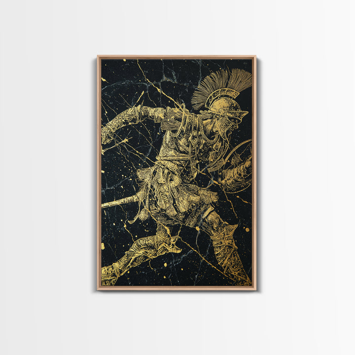 Roman Gladiator Gold Canvas Print, Ancient Warrior Art On Canvas, Real Wood Frame Wall Décor, Historical Mythology Artwork