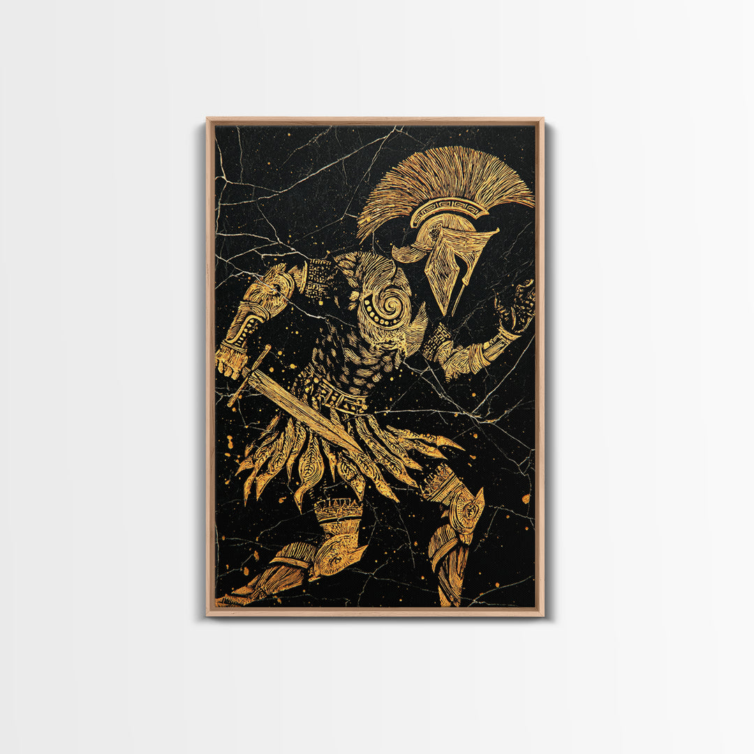 Spartan Warrior Gold Canvas Art, Ancient Soldier Canvas Print, Real Wood Frame Wall Décor, Heroic Mythology Battle Artwork
