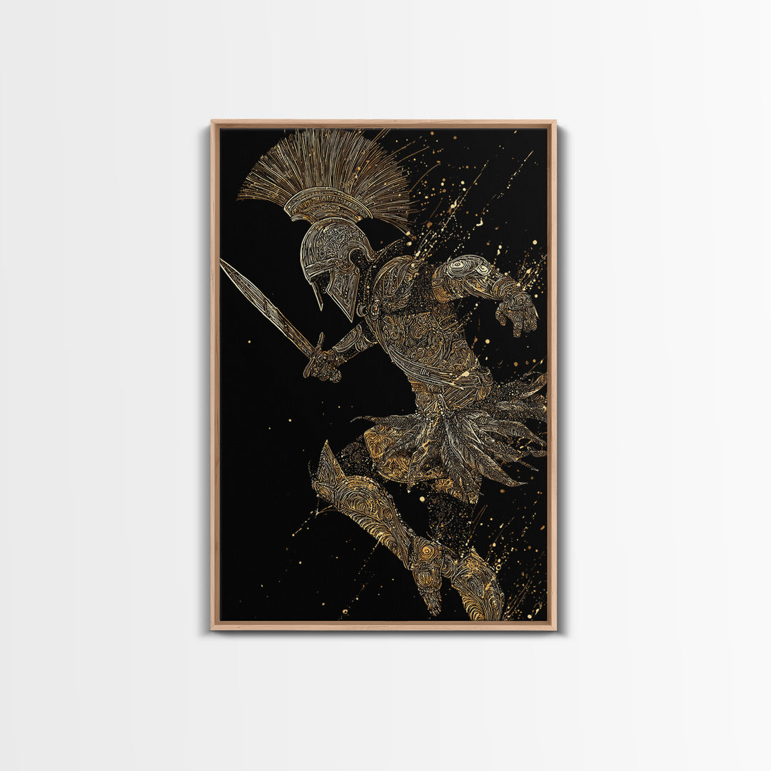 Charging Gladiator Gold Canvas Print, Warrior In Action Art On Canvas, Real Wood Frame Décor, Ancient Mythology Artwork