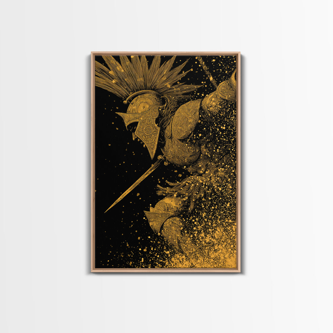 Epic Spartan Gold Canvas Art, Ancient Battle Warrior Canvas Print, Real Wood Frame Wall Décor, Heroic Mythology Statement Artwork