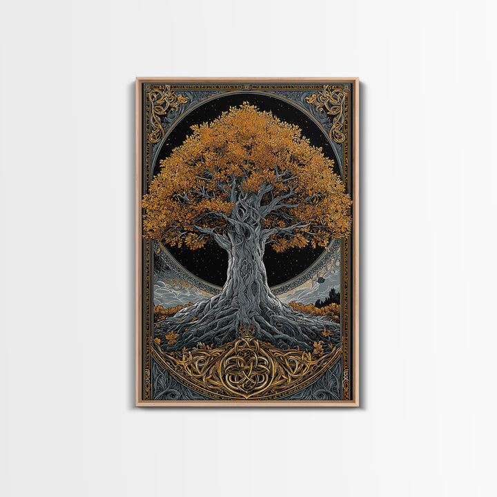 Yggdrasil Tree Gold Canvas Print, Norse Mythology Art On Canvas, Real Wood Frame Wall Décor, Sacred Viking Symbol Artwork
