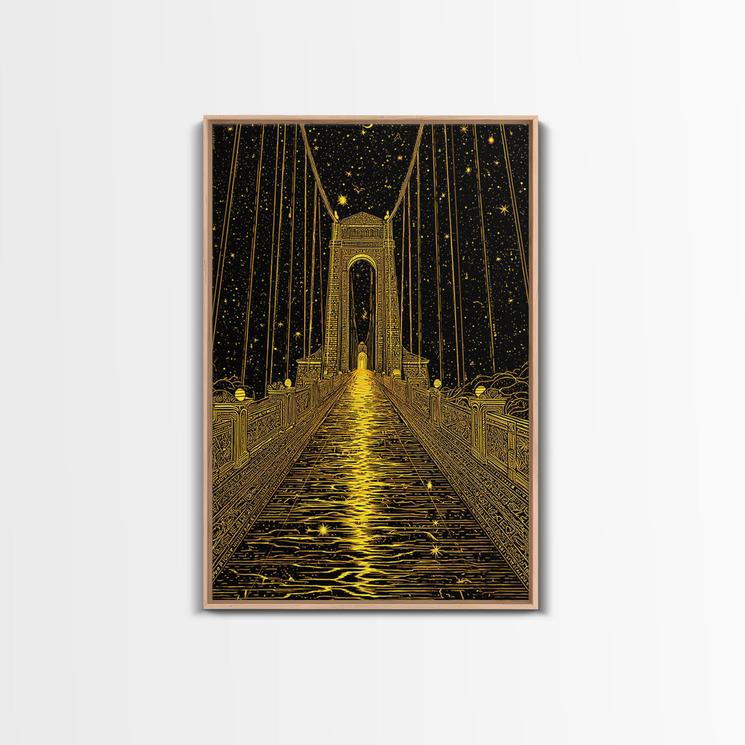 Celestial Bridge Gold Canvas Print, Fantasy Gateway Art On Canvas, Real Wood Frame Wall Décor, Mystical Night Sky Artwork