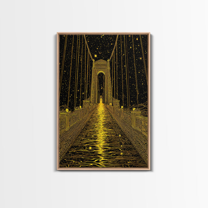 Celestial Bridge Gold Canvas Print, Fantasy Gateway Art On Canvas, Real Wood Frame Wall Décor, Mystical Night Sky Artwork