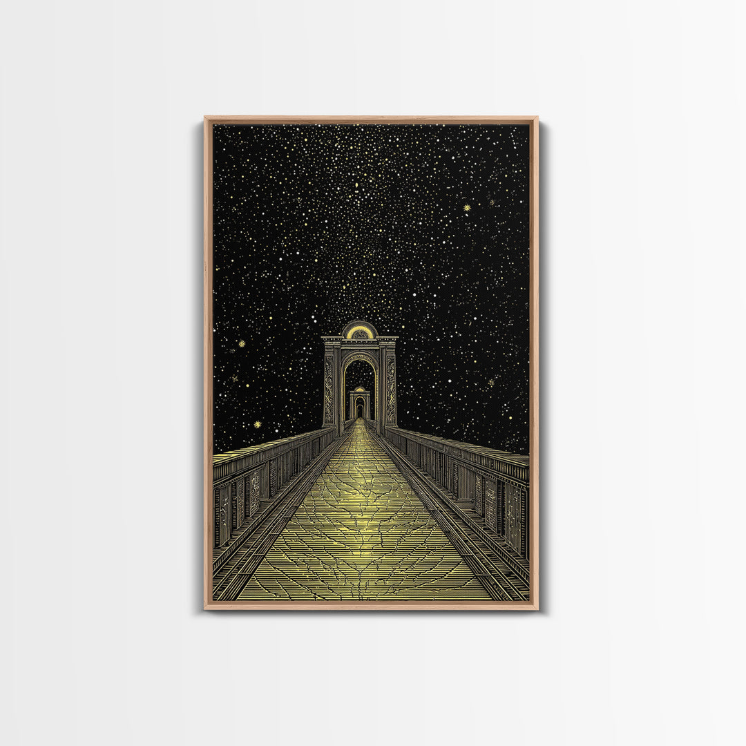 Starlit Path Gold Canvas Art, Fantasy Bridgeway Canvas Print, Real Wood Frame Wall Décor, Celestial Mythology Dream Artwork