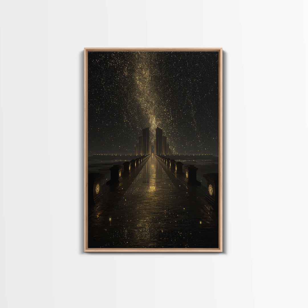 Cosmic Gateway Gold Canvas Print, Mystical Fantasy Bridge Art On Canvas, Real Wood Frame Décor, Starry Sky Celestial Artwork