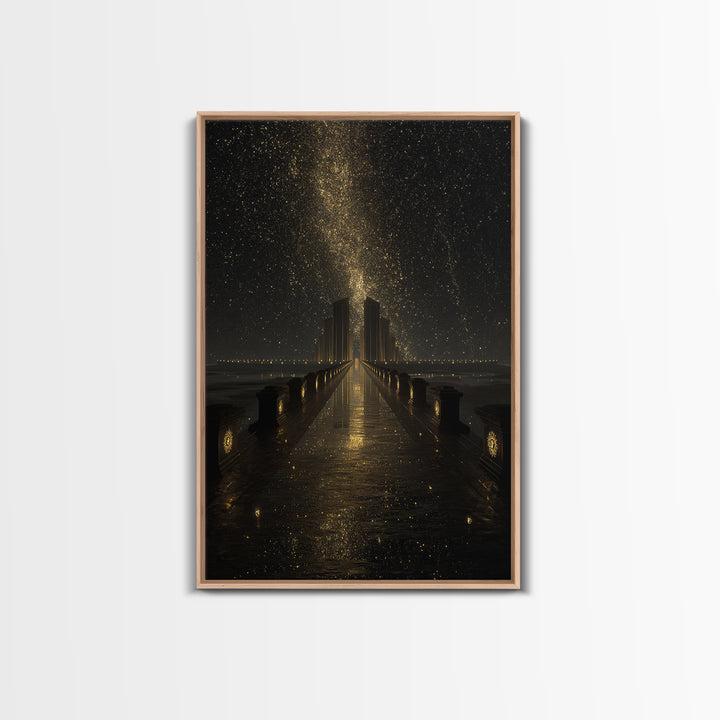 Cosmic Gateway Gold Canvas Print, Mystical Fantasy Bridge Art On Canvas, Real Wood Frame Décor, Starry Sky Celestial Artwork