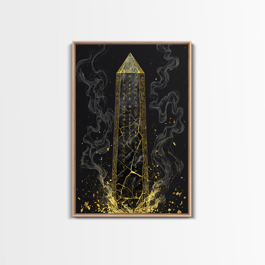 Runic Obelisk Gold Canvas Art, Mystical Stone Wall Print On Canvas, Real Wood Frame Decor, Ancient Fantasy Symbolic Artwork