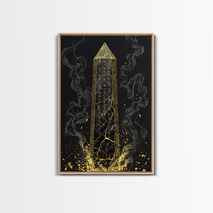 Runic Obelisk Gold Canvas Art, Mystical Stone Wall Print On Canvas, Real Wood Frame Decor, Ancient Fantasy Symbolic Artwork