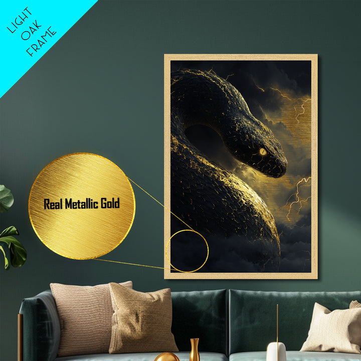 Mythical Serpent Metallic Gold Art, Norse Jormungandr Snake Metal Print, Real Wood Frame Wall Décor, Fantasy Mythology Creature Artwork